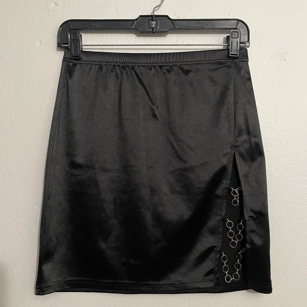 Shein black satin mini skirt with split and o ring chains